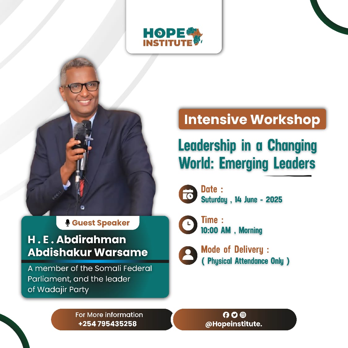 HopeINSFRCB's tweet image. concluded a high-level workshop on "Leadership in a Changing World: Emerging Leaders" led by H.E. @AAbdishakur . We sincerely thank H.E. for his time and invaluable insights. The session was engaging, inspiring, and impactful for youth intellectuals and university students.