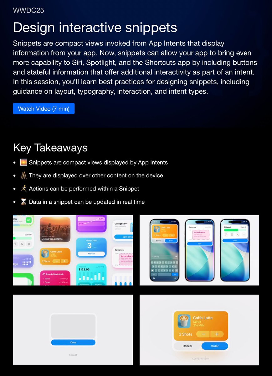 WWDCNotes's tweet image. New session summary provided by Harrison Heinig for #WWDC25 talk "Design interactive snippets". ✍️
Check it out now: 👇👇💡
wwdcnotes.com/documentation/…