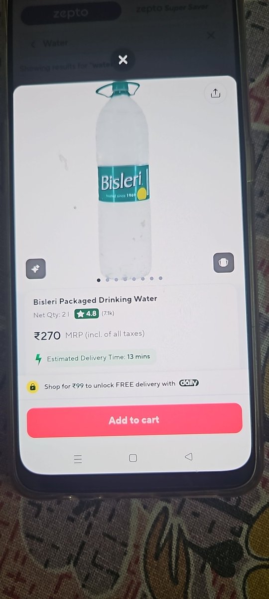 adityap75772648's tweet photo. @ZeptoNow what is this behavior zepto its too overpriced. Its Greater than MRP why are you charging 270 rupees of a 2L bisleri bottle https://t.co/uwddf9XGr6