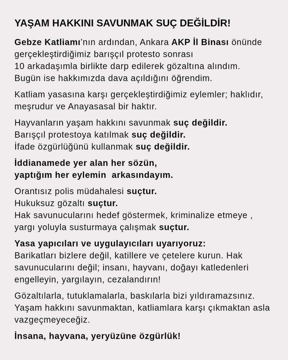 neylan_yilmaz's tweet photo. Gebze’deki katliamın ardından AKP il binası önünde hukuksuzca gözaltına alındık, yetmedi şimdi bir de dava açtılar
Yaşam hakkını savunmak suç değil, insanlık görevidir!
Gözaltılarınız, tutuklamalarınız, baskılarınız bizi yıldıramaz Yaşam hakkını savunmaktan asla vazgeçmeyeceğiz! https://t.co/fCu4e2oTjH