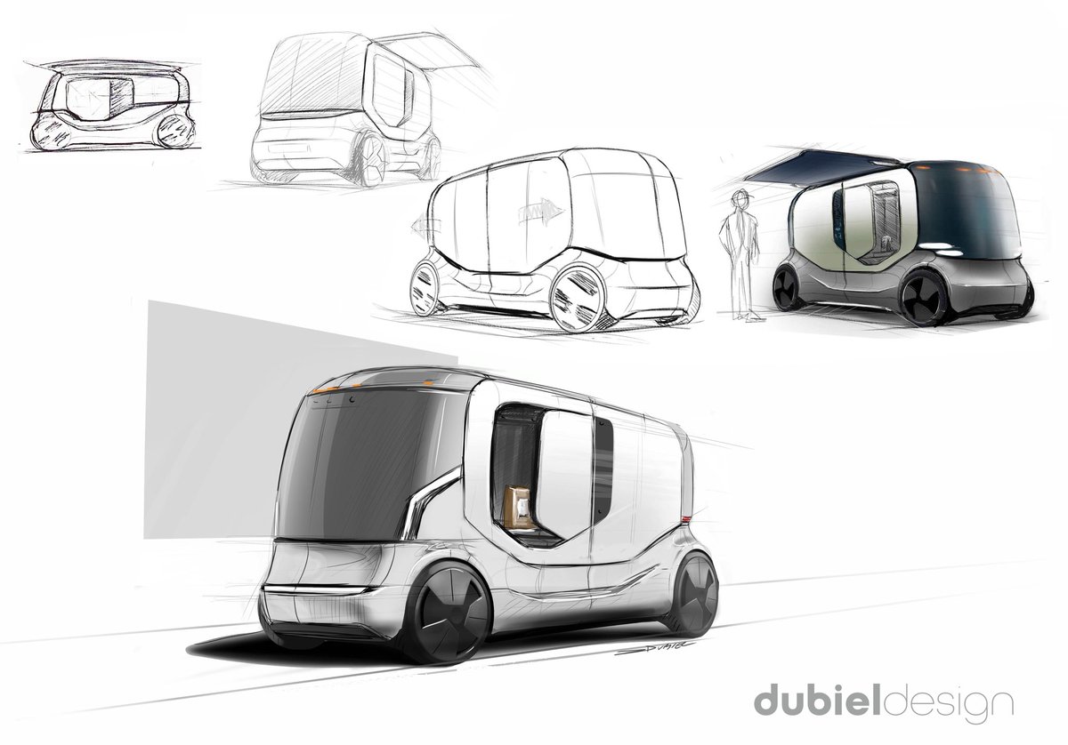 dubieldesign's tweet photo. Quick Photoshop concept sketches followed by AI-generated design visualization of a compact autonomous urban delivery van. https://t.co/R8aFqHN74c