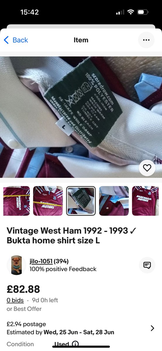 WHUsigned's tweet image. Imagine trying to sell a 1992/93 shirt as a vintage original for £82 despite having a picture showing score draw on the label 🤦🏻‍♂️