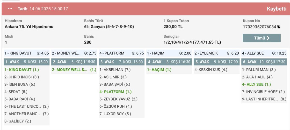 Keyfine kupon yaptık, ilk ayak King Davut’u tek atamayınca patladık. 
77.000,-TL. 
İyi para vermiş.