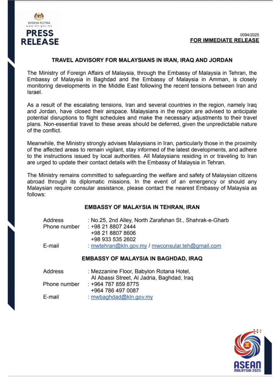 MYEmbTehran's tweet image. 📢 Travel Advisory Update 
Following recent regional tensions, Malaysians in Iran are urged to stay vigilant, follow local updates, and defer non-essential travel.
📌 For consular help, contact the Embassy of Malaysia in Tehran: 
📞 8807 2444/ 8807 8606 | 
✉️ mwtehran@kln.gov.my