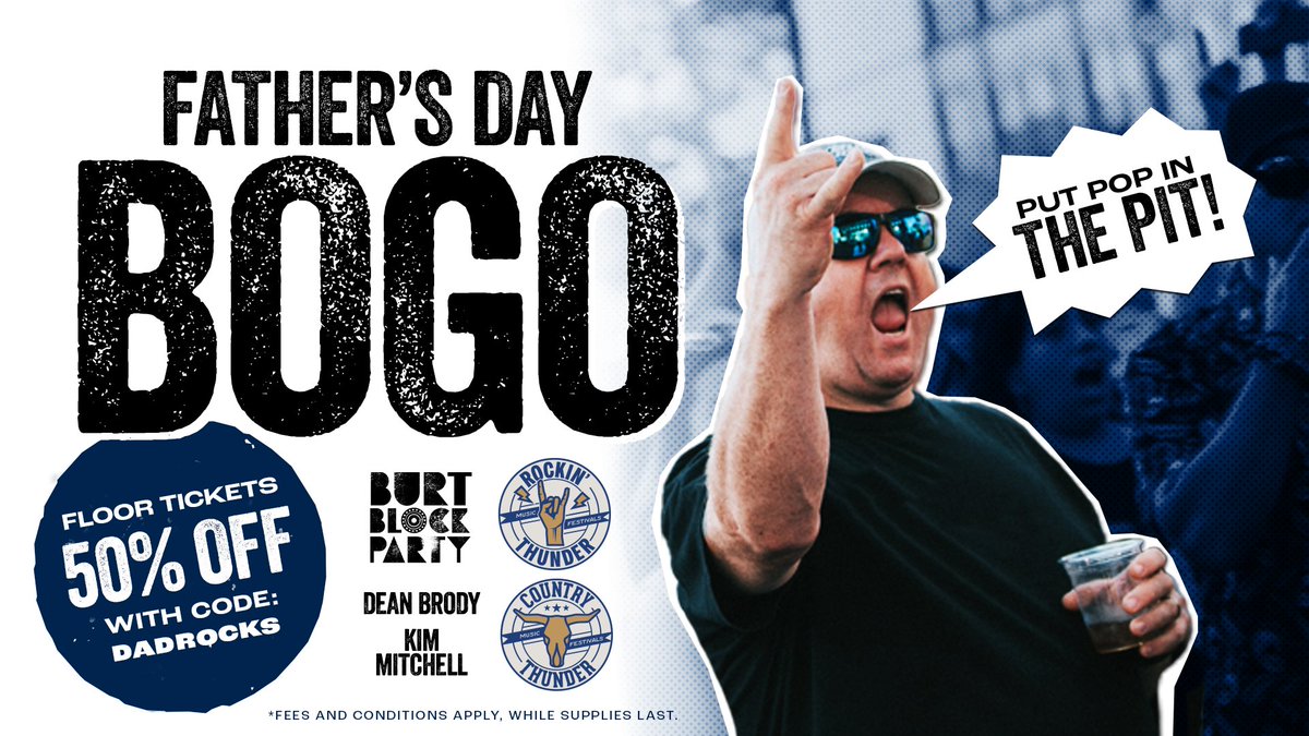 Celebrate Father's Day with a BOGO to Rockin' and Country Thunder at Princess Auto Stadium July 9 and 10.
Hit unlock and use code DADROCKS get your 50% off tickets now and put pop in the pit at bit.ly/3SKA3W3
Offer ends TOMORROW, June 15 at 10pm, or while supplies last!
