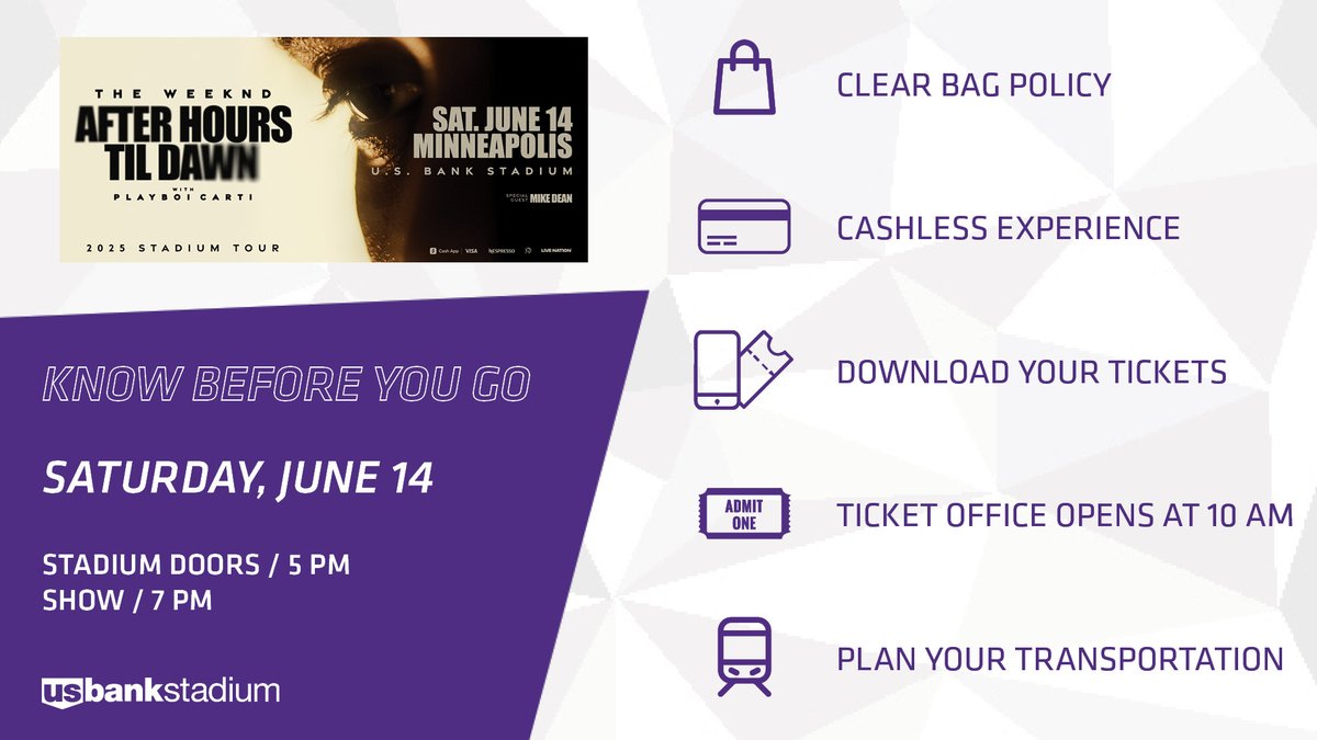 🔥KNOW BEFORE YOU GO🔥 

Please review everything you need to know before you go to The Weeknd tonight. Please note if you're traveling into downtown by car, I-94 will be closed in both directions between I-35W and Huron Blvd. The detour is northbound I-35E to westbound Hwy 36 to