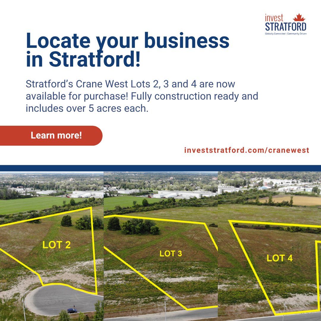 Ready to break ground? Stratford’s Crane West Lots 2, 3, and 4 are officially available! 📍 

With over 5 acres each, broadband access, and flexible zoning, these fully construction-ready lots offer the space your business needs to grow.

👉 bit.ly/3ShauuJ