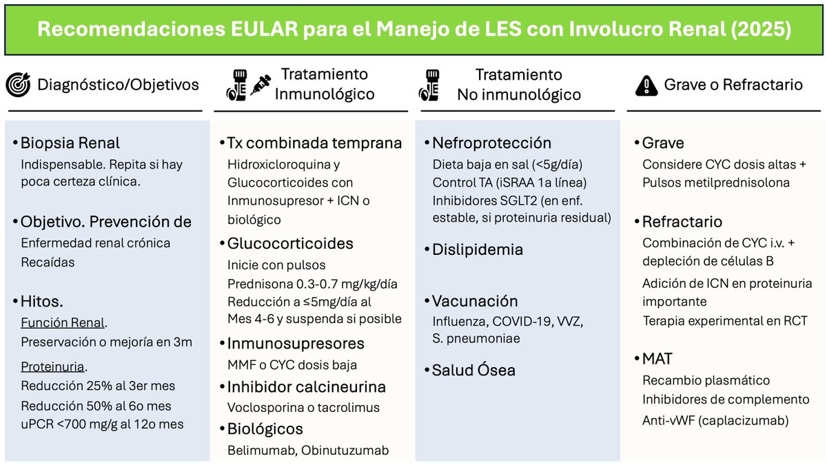 Propuesta de Nuevas Recomendaciones EULAR para el Manejo de Lupus Eritematoso Sistémico con Involucro Renal 2025...  presentado en #EULAR25 
Novedades:
- Evaluación de múltiples aspectos
- Tratamiento combinado temprano
- Nefroprotección (incluyendo iSGLT2)