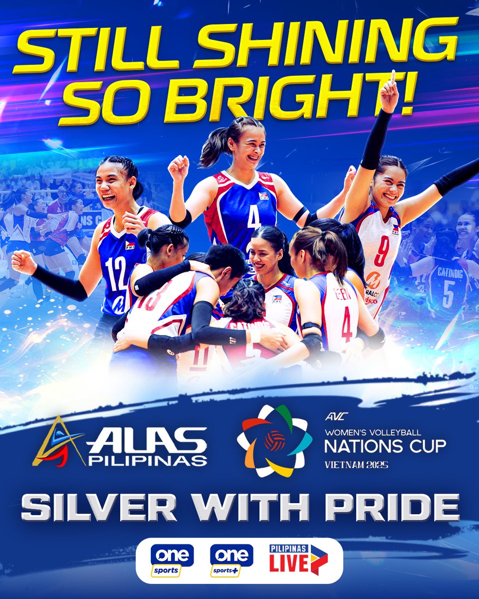 OneSportsPHL's tweet image. NEW HEIGHTS UNLOCKED 🥈

In a defining moment for Philippine volleyball, Alas Pilipinas soared to their highest finish yet—a historic silver medal in the 2025 #AVCNationsCup—after a fierce, hard-fought duel against defending champions Vietnam.

#AlasPilipinas #AVCNationsCup