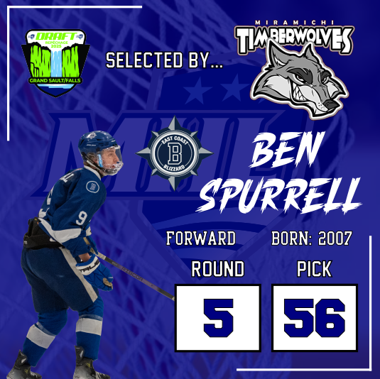 The Blizzard's all-time games played leader has his name called at <a href="/THEMHL/">The MHL</a> Draft. Ben Spurrell is selected in Round 5 by the Miramichi Timberwolves! #BlizzardWarning