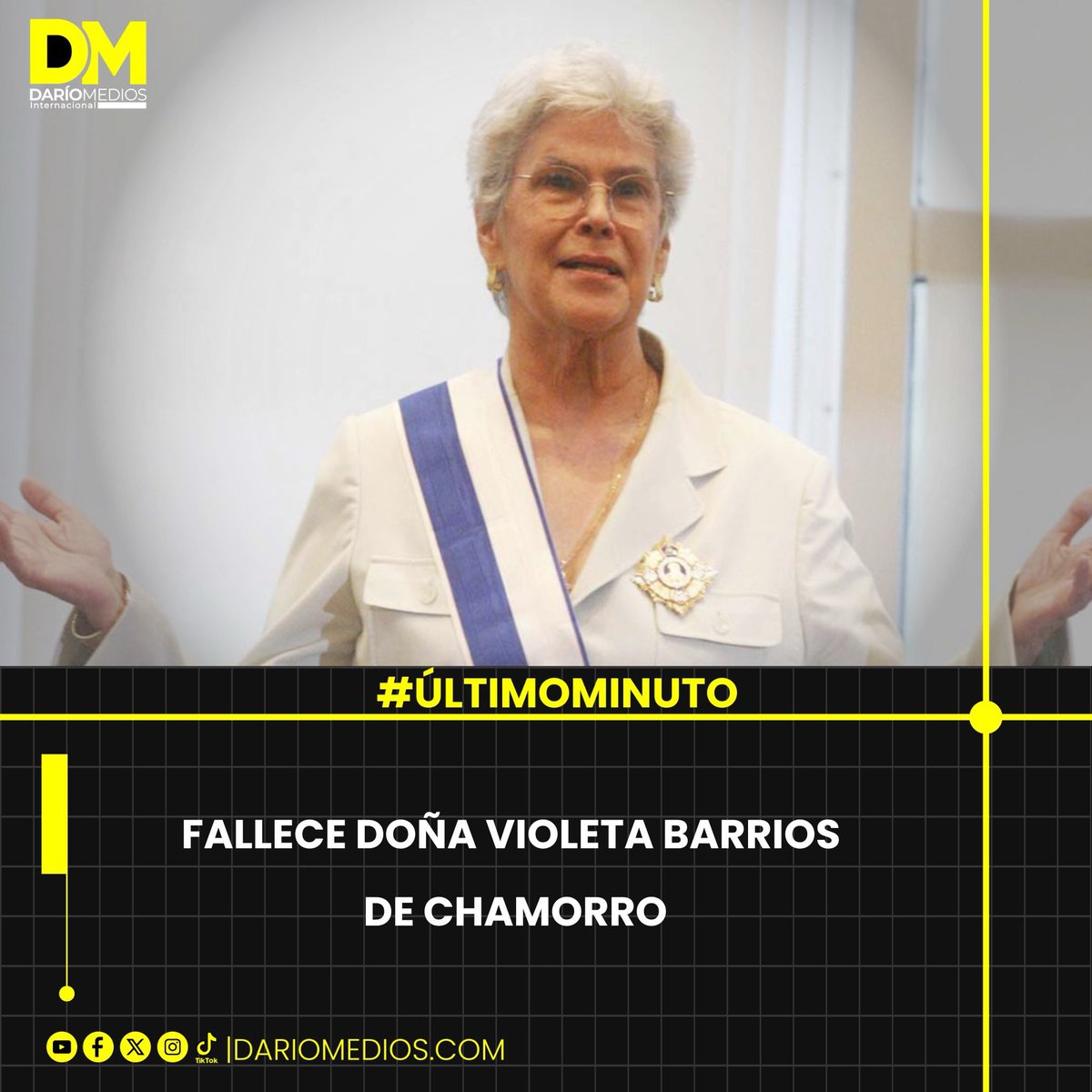 #ULTIMAHORA 🇳🇮 Fallece en el exilio la ex presidenta Violeta Barrios de Chamorro, auténtico simbolo de la paz en Nicaragua.
