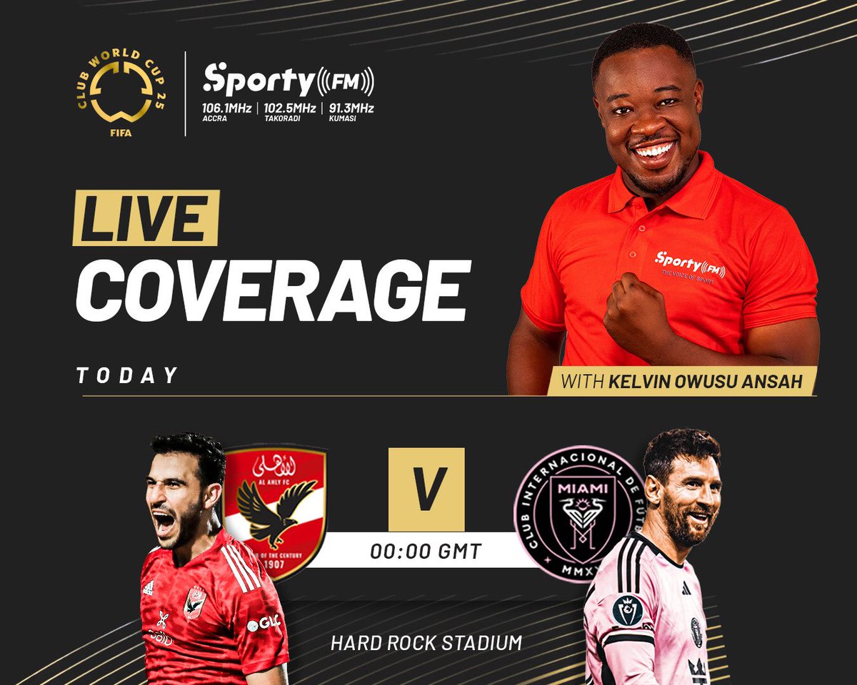 The <a href="/FIFAWorldCup/">FIFA World Cup</a> is upon us, and it’s FREE only on <a href="/SportyFM_/">#SportyFMIsHere</a> and <a href="/SportyTV_/">SportyTV</a> 🤝
<a href="/AlAhly/">‏النادي الأهلي</a> and <a href="/InterMiamiCF/">Inter Miami CF</a> will clash tonight and <a href="/TheKelOwusu/">KELVIN OWUSU ANSAH</a> will be our commentator 👏🏿