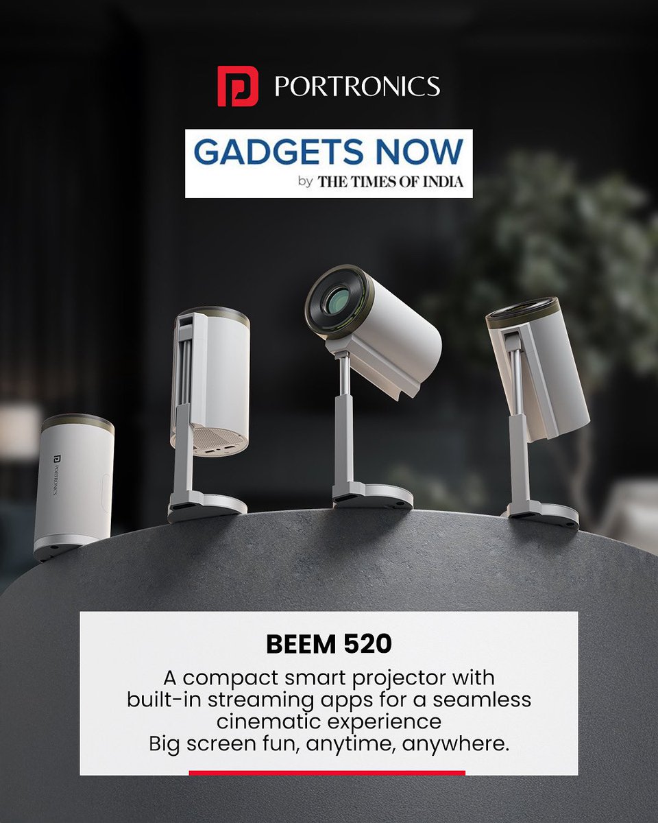 Portronics's tweet image. Featured on Gadgets Now by The Times of India – meet the Portronics BEEM 520 👏
Your compact smart projector for non-stop binge sessions with built-in streaming apps!
🎬 Big screen vibes. Anytime. Anywhere.
#Portronics #BEEM520 #SmartProjector #gadgetsnow #timesofindia