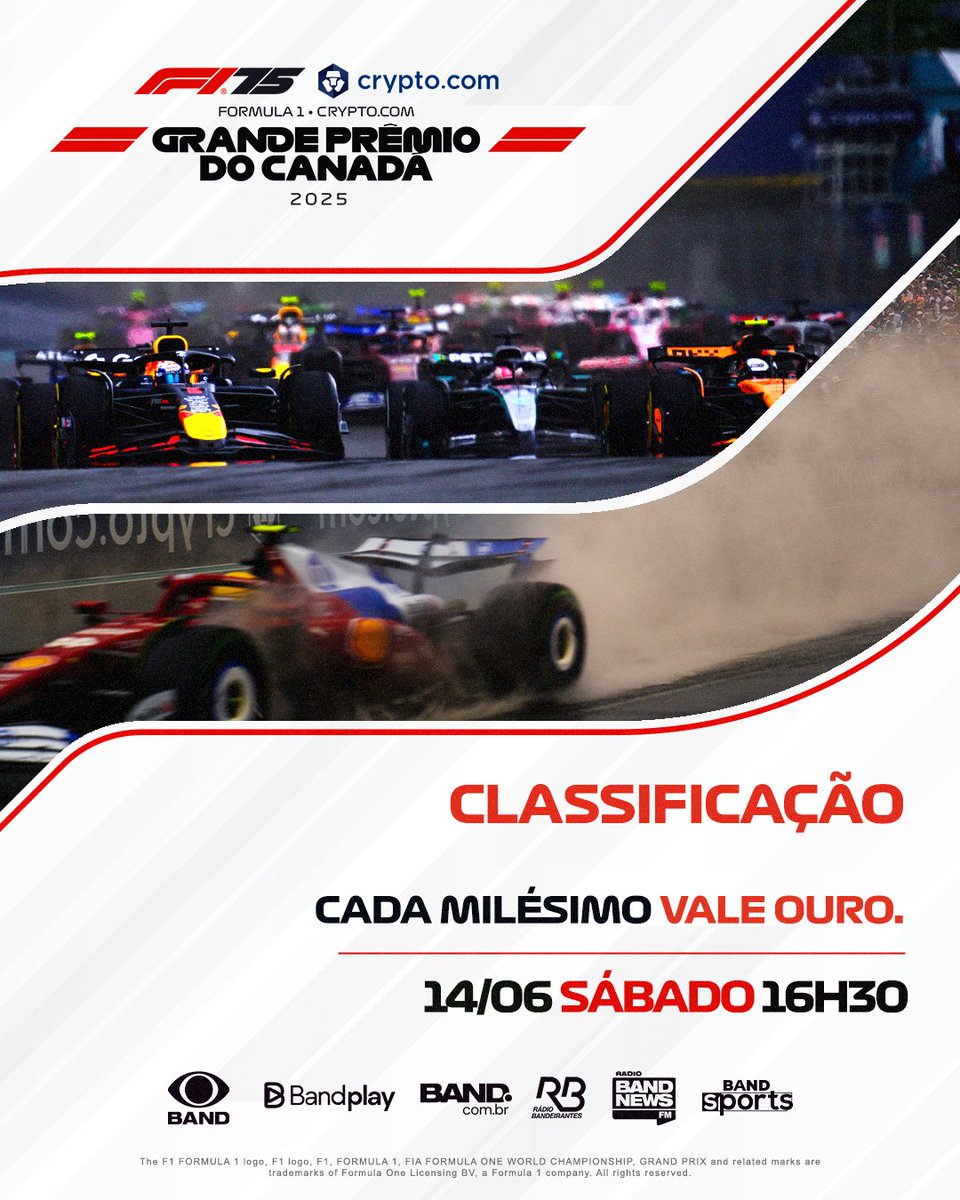 A Fórmula 1 cruzou o oceano e desembarcou no Canadá! 🇨🇦 Agora é chuva,  curvas traiçoeiras e o lendário Muro dos Campeões pela frente 🏎️💥 🚦  Sábado (14), 16h30 — Classificação 🚦 Domingo (15), 14h30 — Corrida  #F1naBand #GPdoCanadá #Fórmula1