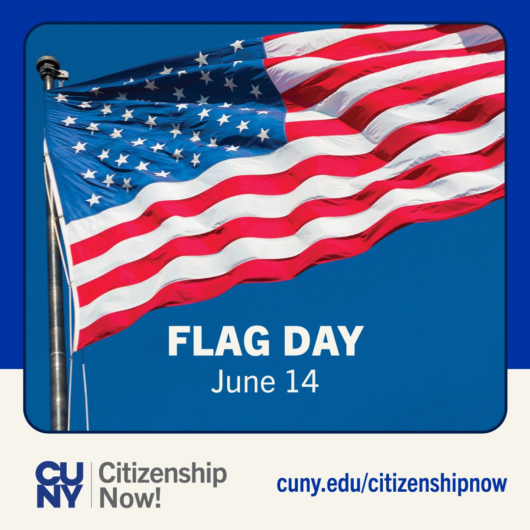 CUNYCitizenship's tweet image. Today is #FlagDay 🎉, which commemorates the adoption of the flag of the United States 🇺🇸 on June 14, 1777. If you are a permanent resident, consider becoming a citizen. Call us at 646-664-9400 to learn more.