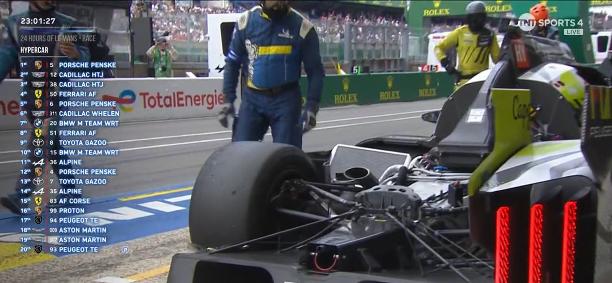 Wow big off for the #93 Peugeot with <a href="/PaulDiResta/">Paul Di Resta</a> behind the wheel... but boy did he manage to hold it to try and lessen the damage... Cars in the pits to have the damage assessed and get it repaired #LeMans24