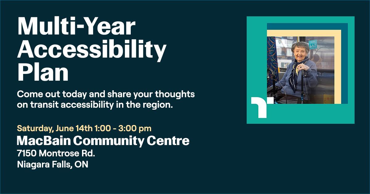 Happening today! Niagara Transit is developing its Multi-Year Accessibility Plan, and we need to hear from you now.
Our community pop-up is today, Saturday, June 14th. Don't miss your chance to shape the future of transit accessibility in our region!

We want to hear from you:
