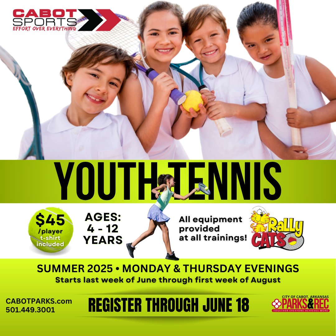 ⏰ Just 4 days left to register for Youth Tennis!
Give your kids the gift of summer fun, fresh air, and new skills! 🎾
👶 Ages 4–12
💲 $45/player
👕 Tee included
🗓 June 24–Aug. 7
🎯 Don’t miss this! Sign up by June 18: f.mtr.cool/qxzjodplef