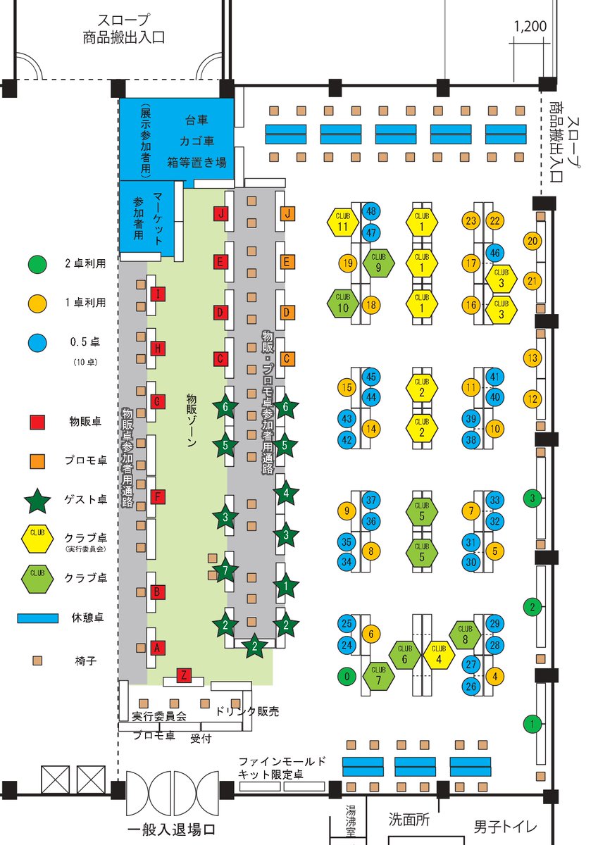 今開催の卓配置です。
若干ズレは有りますが概ねこの図の通りです。
一般入場（模型展示・プロモの見学）は10:00～、一般の物販エリア入場は12:30～です。