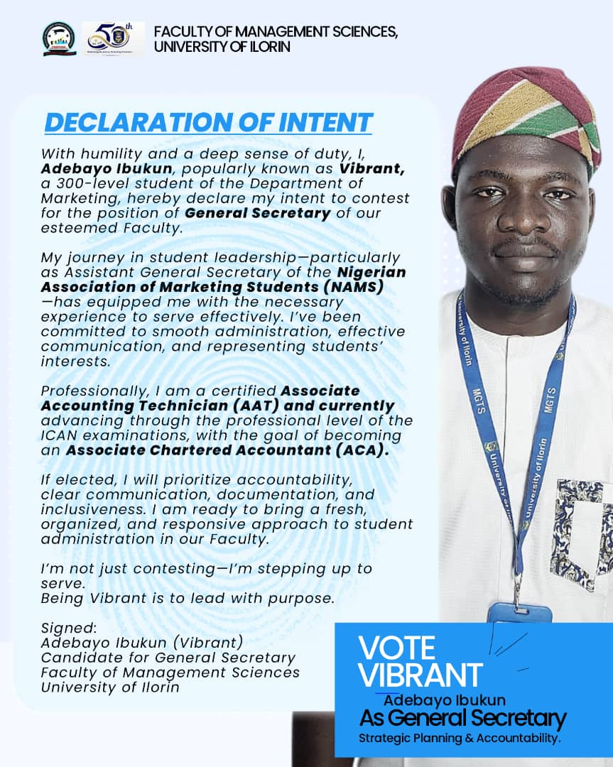 ibukun_ogi1736's tweet photo. FACULTY OF MANAGEMENT SCIENCES, UNIVERSITY OF ILORIN
DECLARATION OF INTENT

With humility and a deep sense of duty, I, Adebayo Ibukun, popularly known as *Vibrant*, a 300-level student of the Department of Marketing, hereby declare my intent to contest for the position of 
1/4 https://t.co/DtCZbKQQSx