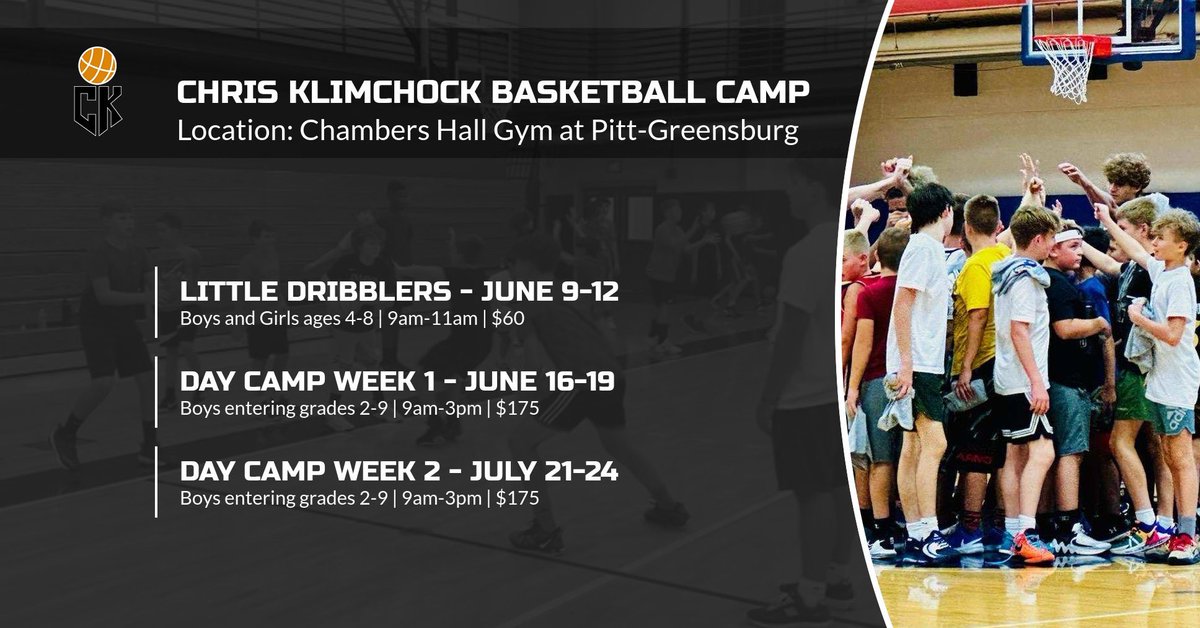 Two days left until our first day camp of the summer! Still time to sign up!

Just finished up a great week of our Little Dribblers camp, hope to see you at one of the next two!

REGISTER HERE: chrisklimchockbballcamp.com