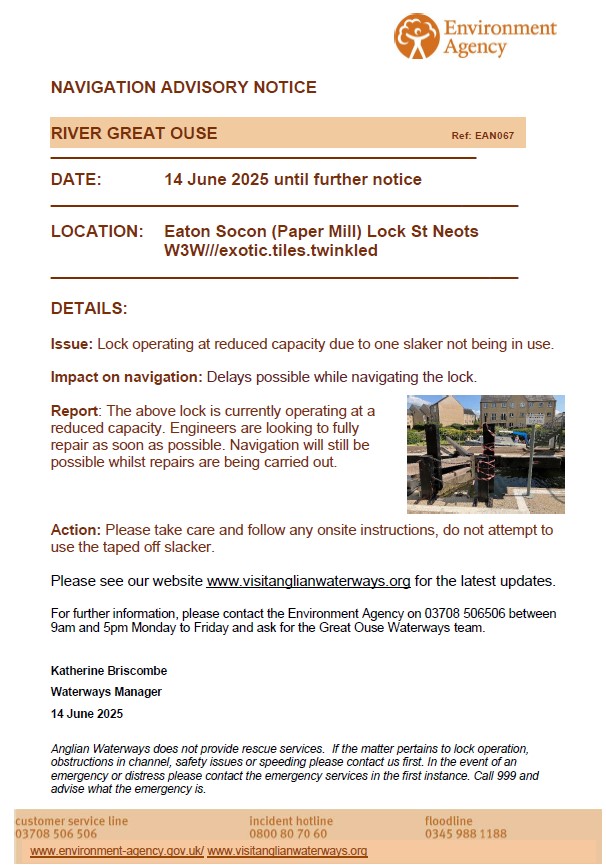 Please see our latest Navigation Advisory Notice for the River Great Ouse.