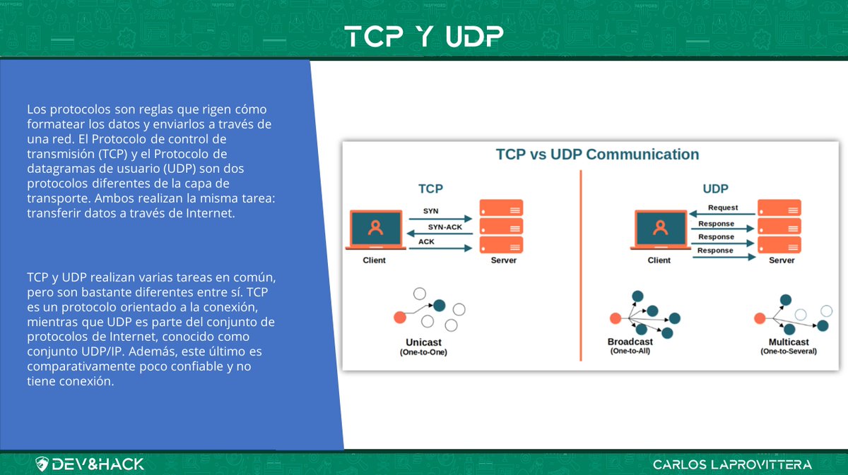 laprovittera's tweet photo. 🧵🧵🧵Diferencia entre TCP y UDP
Los protocolos son reglas que rigen cómo formatear los datos y enviarlos a través de una red. El Protocolo de control de transmisión (TCP) y el Protocolo de datagramas de usuario (UDP) son dos protocolos diferentes de la capa de transporte. Ambos realizan la misma tarea: transferir datos a través de Internet. 

Además, permiten que los dispositivos y servidores se comuniquen para que podamos navegar por páginas web, enviar correos electrónicos, jugar y ver Netflix. 

TCP y UDP realizan varias tareas en común, pero son bastante diferentes entre sí. TCP es un protocolo orientado a la conexión, mientras que UDP es parte del conjunto de protocolos de Internet, conocido como conjunto UDP/IP. Además, este último es comparativamente poco confiable y no tiene conexión. 

Echemos un vistazo más profundo a la diferencia entre los protocolos TCP y UDP con una comparación simple. 👇👇👇