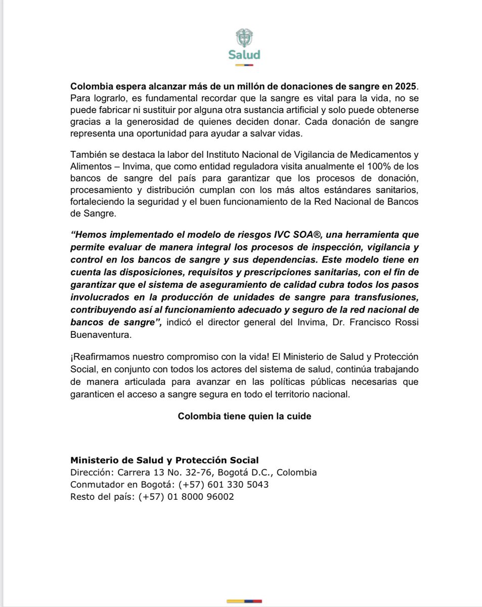 #Comunicado | En el Día Mundial del Donante de Sangre, #MinSalud conmemora esta fecha con la campaña ‘Donar sangre es dar esperanza de vida, por eso #YoDonoSangre’, en articulación con el <a href="/INSColombia/">Instituto Nacional de Salud🇨🇴</a> y el <a href="/invimacolombia/">Invima</a>. En este día se resalta la solidaridad de miles de