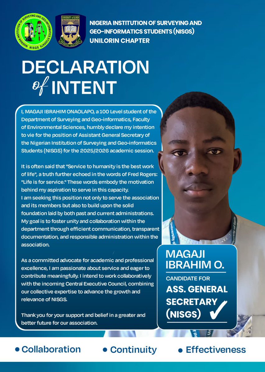 MAGAJI DECLARES!! 🙌🔥
This is not just a move, 
 It’s a movement. 
A movement to Harness Potentials.
A movement to leave a T.R.A.C.E.
It's for YOU, It's for US.
IT'S ALL FOR A RELIABLE SECRETARIAT.

☑️ Vote MAGAJI for NISGS AGS!
#HP25
#MAGAJIforAGS
#HarnessingPotentials25