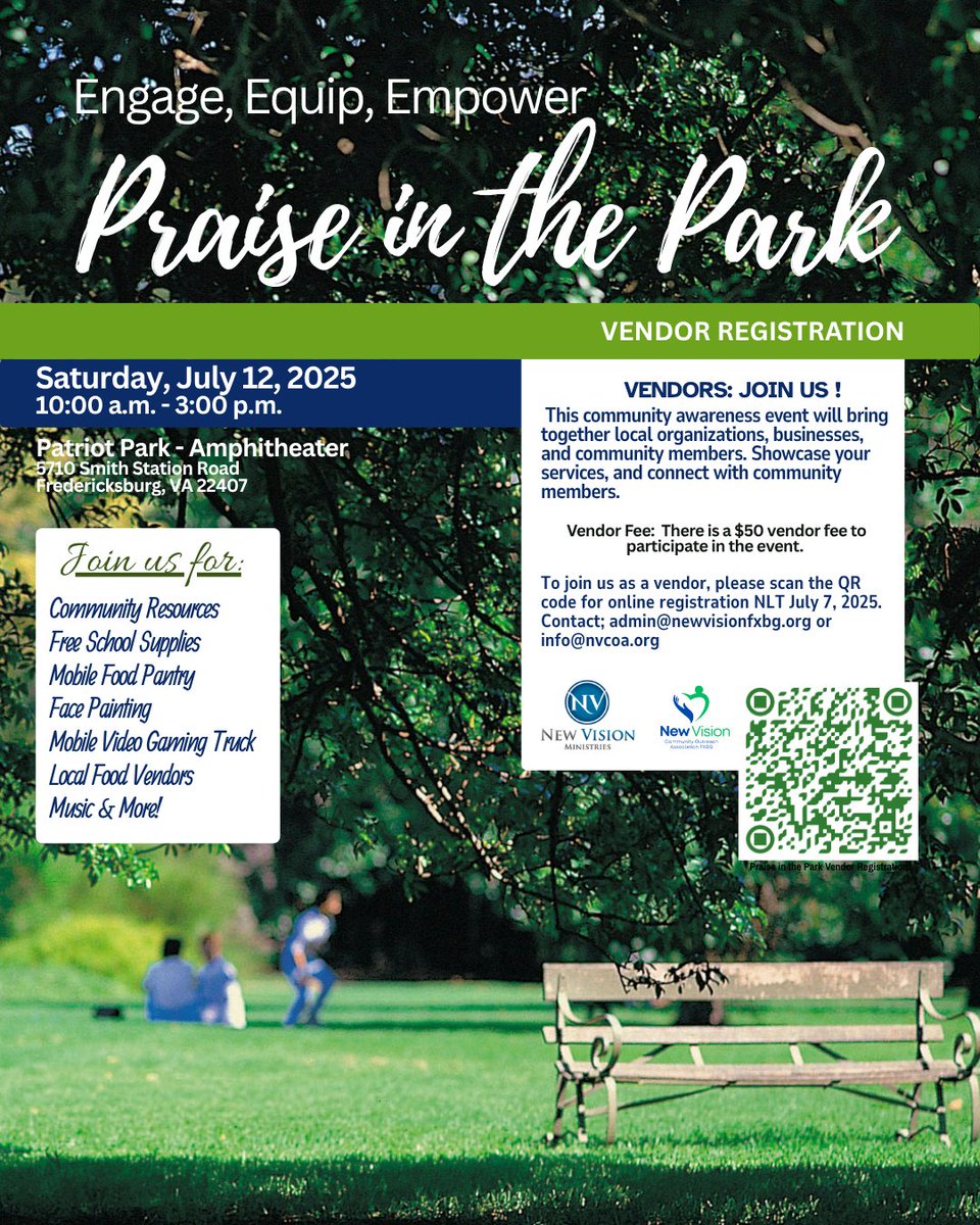 newvisionfxbg's tweet image. 🎉Praise in the Park 2025!🎶☀️

Join us July 12th, 10AM-3PM at Patriot Park for a FREE day of fun, food, &amp;amp; fellowship!
🎮 Game truck | 🎨 Face painting | 🎶 Music | 🍔 Food vendors &amp;amp; more!
💼 Vendors: $50 fee — register by July 7th!

#PraiseInThePark #CommunityFun #NewVisionFXBG