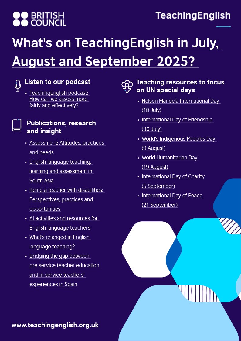 TeachingEnglish's tweet image. Find out what&apos;s happening across our TeachingEnglish channels in July, August and September 2025. We&apos;ll be focusing on the theme of Assessing learning: teachingenglish.org.uk/community/top-…
#TeachingEnglish #AssessingLearning