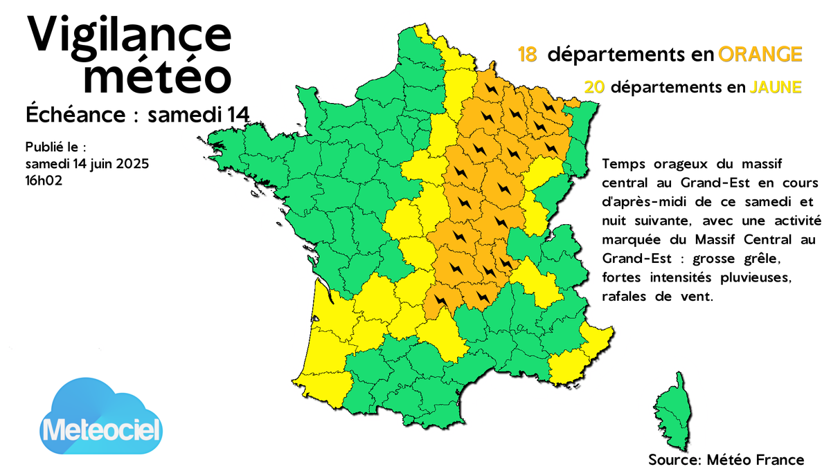 meteociel's tweet image. 18 départements sont placés en #VigilanceOrange pour  un nouvel épisode #orageux cet après-midi jusqu'à cette nuit du #MassifCentral au #NordEst.  De la #grêle, de fortes intensités pluvieuses et de fortes #rafales de vent sont possibles.