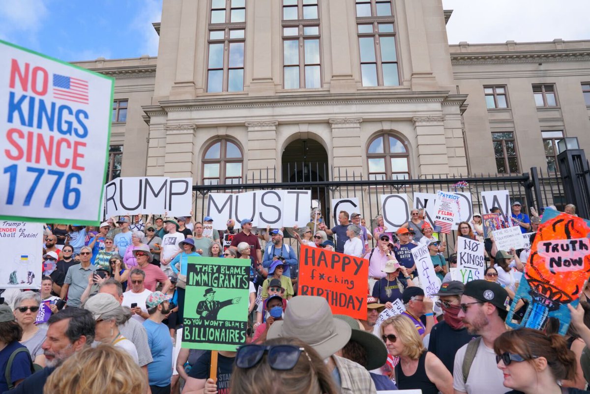 wabenews's tweet photo. Scenes from the No Kings protest against President Trump at Liberty Plaza next door to the Georgia State Capitol on Saturday morning. Protests will take place later today in Tucker, Chamblee, Midtown and about 30 other locations in Georgia. #gapol https://t.co/QfNT60J7wO