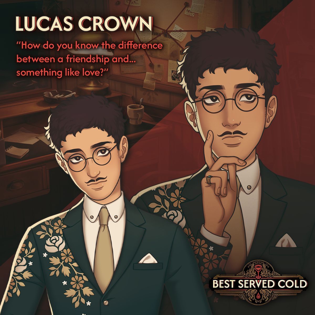 RoguesideGames's tweet image. Meet Lucas. The gentle scion of an old money family, struggling with his blossoming feelings for a handsome metalworker - a man from another world.
#BestServedCold #VisualNovel #Cocktails #IndieGame #MurderMystery