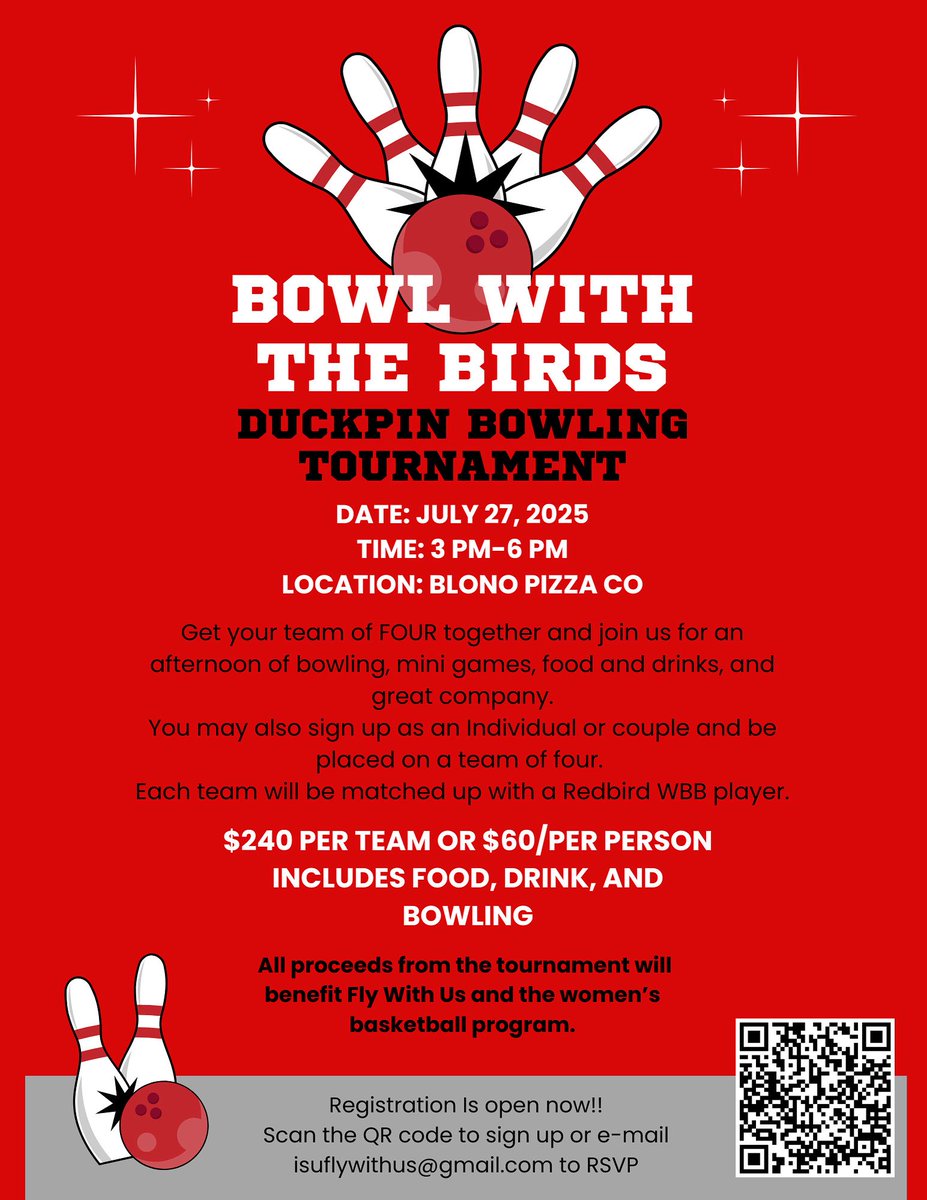 ISUFlyWithUs (@isuflywithus) on Twitter photo Come have some FUN this summer and Bowl with the Birds! Our duckpin bowling tournament hosted by BloNo Pizza Co will be held July27th.
Register today via QR code or email isuflywithus@gmail.com.
Can pay in advance by check or Venmo <a href="/isuflywithus/">ISUFlyWithUs</a>! Come have some FUN this summer and Bowl with the Birds! Our duckpin bowling tournament hosted by BloNo Pizza Co will be held July27th.
Register today via QR code or email isuflywithus@gmail.com.
Can pay in advance by check or Venmo <a href="/isuflywithus/">ISUFlyWithUs</a>!