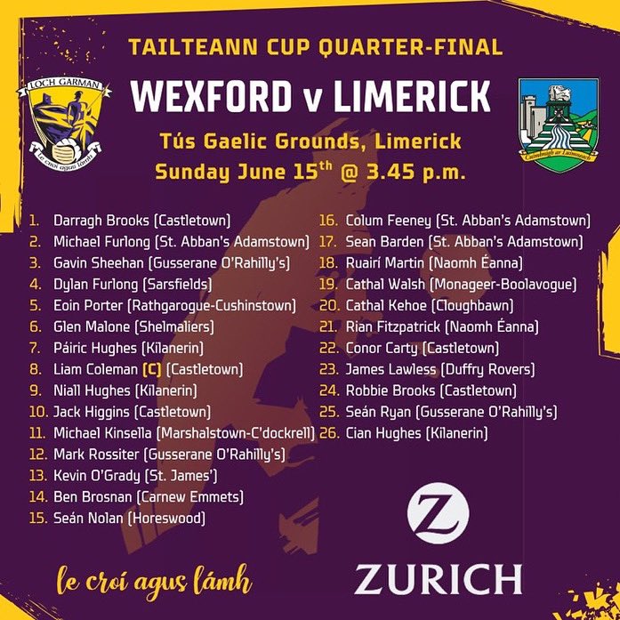 Best of luck to Wexford manager Mr Hegarty and player Mr Porter &amp; the Wexford senior footballers in Limerick tomorrow. 🟣🟡