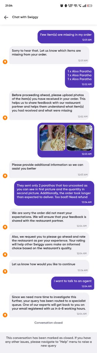 SouradeepKund14's tweet photo. Hi @Swiggy @SwiggyCares such a shameful incident. Have ordered 5 parathas but received only 2. Your service is Soo bad that even after knowing it's your fault, you are not offering the refund. If I don't get a resolution and a refund here - I will escalate to court. @harshamjty https://t.co/lzfbDpMZEY