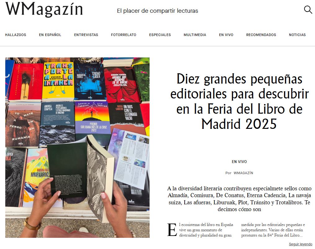 WMagazín (@w_magazin) on Twitter photo Así son diez grandes pequeñas editoriales para descubrir en la Feria del Libro de Madrid 2025: de <a href="/Comisura_ed/">Ediciones Comisura</a> a Las afueras, <a href="/liburuak_libros/">liburuak_libros</a> o Plot. En WMagazín bit.ly/4kGhHBP Así son diez grandes pequeñas editoriales para descubrir en la Feria del Libro de Madrid 2025: de <a href="/Comisura_ed/">Ediciones Comisura</a> a Las afueras, <a href="/liburuak_libros/">liburuak_libros</a> o Plot. En WMagazín bit.ly/4kGhHBP