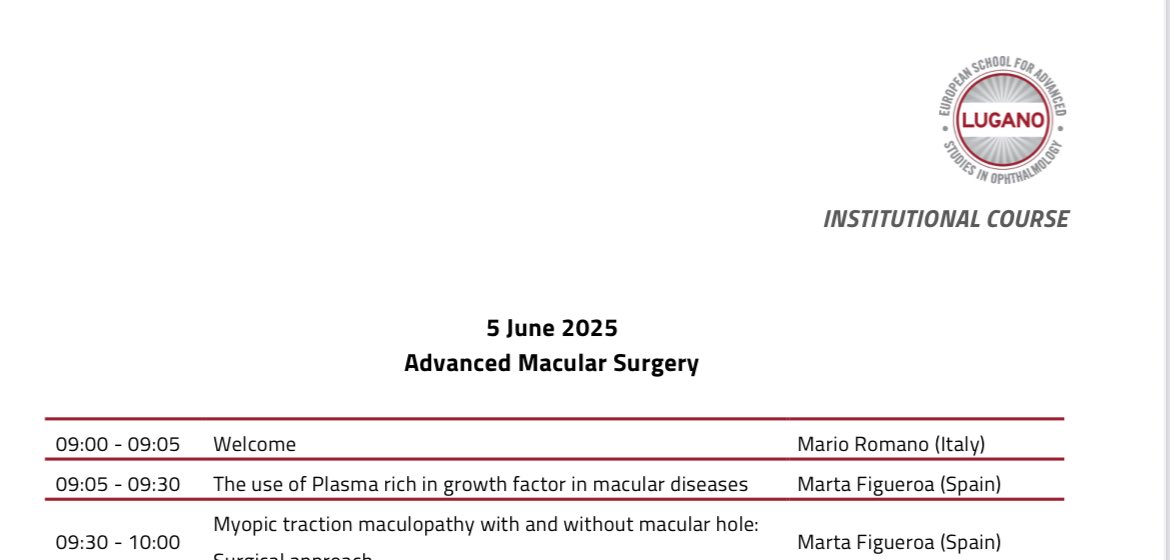 📆 los pasados días 4-6 junio la Dra Figueroa (Jefa Sección Retina) impartió el curso avanzado en la ESASO sobre “Surgical Retina”. 
Course Scientific Coordinators: Andrea Govetto. 
ESASO Scientific Director: Mario Romano. Level of the course: advanced. 
#ESASO #retina #RyC