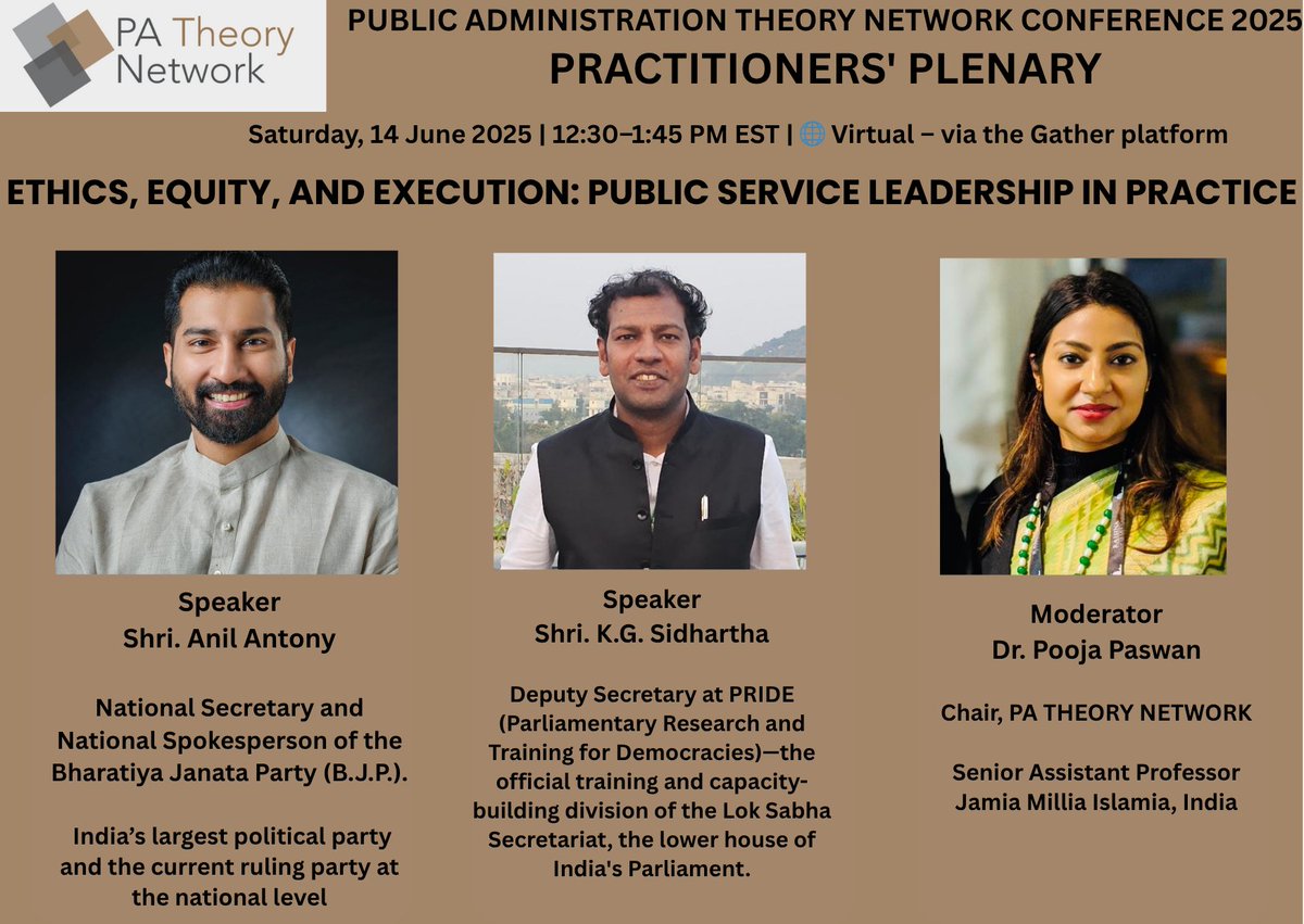 PA Theory Network (@patheory) on Twitter photo 🔔 Happening TODAY at #PATNet2025!
Join us for the highly anticipated Practitioners’ Plenary:
🧭 Ethics, Equity, and Execution: Public Service Leadership in Practice <a href="/poojapaswan/">Dr. Pooja. J. Paswan</a> <a href="/ijpa2022/">IJPA</a> <a href="/journalATP/">ATP Tweets</a> <a href="/JSEPAJOURNAL/">JSEPA</a> <a href="/ASPANational/">ASPA National</a> <a href="/SASPA_ASPA/">SASPA</a> 🔔 Happening TODAY at #PATNet2025!
Join us for the highly anticipated Practitioners’ Plenary:
🧭 Ethics, Equity, and Execution: Public Service Leadership in Practice <a href="/poojapaswan/">Dr. Pooja. J. Paswan</a> <a href="/ijpa2022/">IJPA</a> <a href="/journalATP/">ATP Tweets</a> <a href="/JSEPAJOURNAL/">JSEPA</a> <a href="/ASPANational/">ASPA National</a> <a href="/SASPA_ASPA/">SASPA</a>