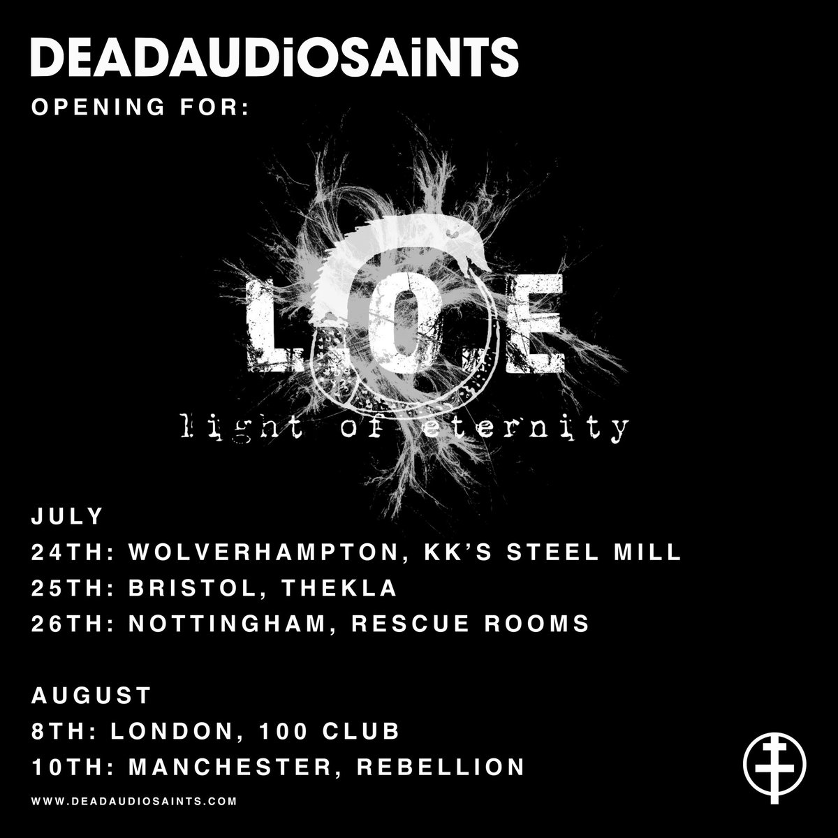 We are absolutely delighted to announce we will be hitting the road as special guests to Light of Eternity on their headline UK run of dates this summer. 
Tickets available from the usual outlets 
🤘
#Deadaudiosaints #alternative #music #newmusic #style #grunge #punk #goth #promo