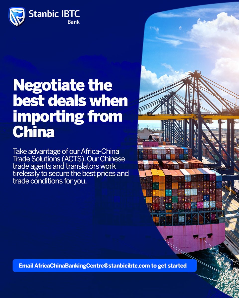 Stanbic IBTC (@stanbicibtc) on Twitter photo Looking to import from China without the stress and uncertainty?
Stanbic IBTC has you covered with our Africa-China Trade Solutions (ACTS), your gateway to smarter, smoother, and more profitable international trade. Email AfricaChinaBankingCentre@stanbicibtc.com to get Looking to import from China without the stress and uncertainty?
Stanbic IBTC has you covered with our Africa-China Trade Solutions (ACTS), your gateway to smarter, smoother, and more profitable international trade. Email AfricaChinaBankingCentre@stanbicibtc.com to get