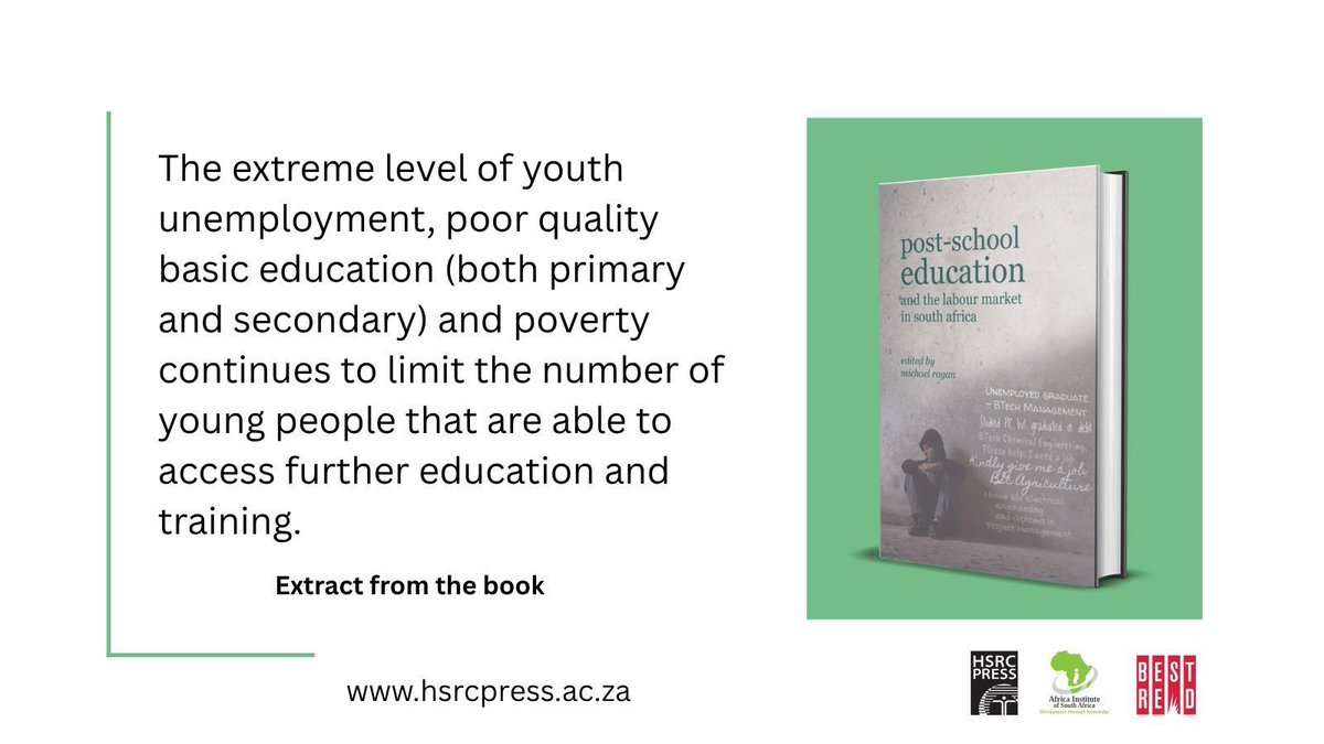High youth unemployment, subpar primary and secondary education, and prevalent poverty hinders many young South Africans from pursuing higher education and vocational training. Read more: 
hsrcpress.ac.za/product/post-s… <a href="/BestRed/">Deanna</a> #YouthMonth