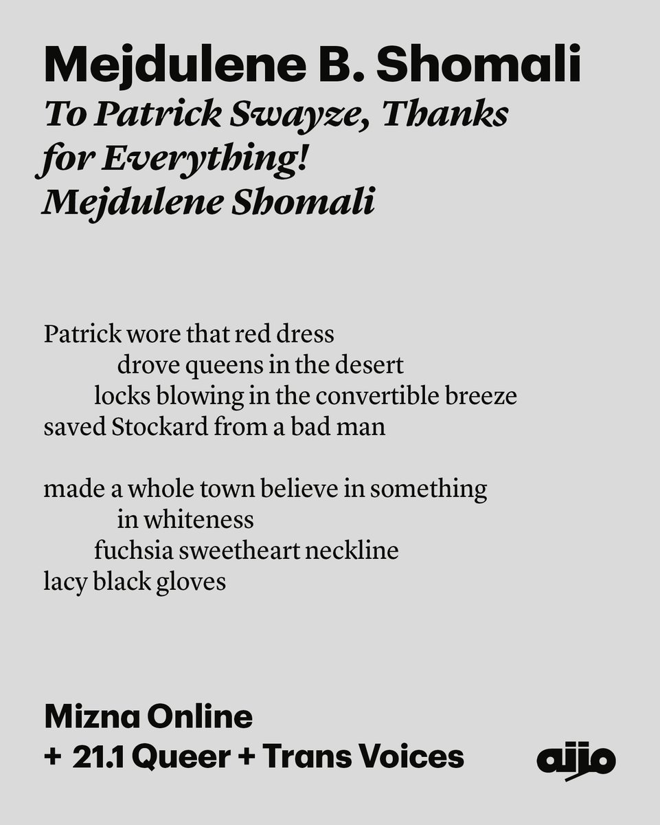 Mizna_ArabArt's tweet image. For this year's Pride Month, Mizna Online is honored to be republishing selections from Mizna 21.1: Queer + Trans Voices. This week, Mejdulene B. Shomali chronicles a revelatory moment of self-realization and tributes the iconic actor Patrick Swayze.
mizna.org/mizna-online/t…