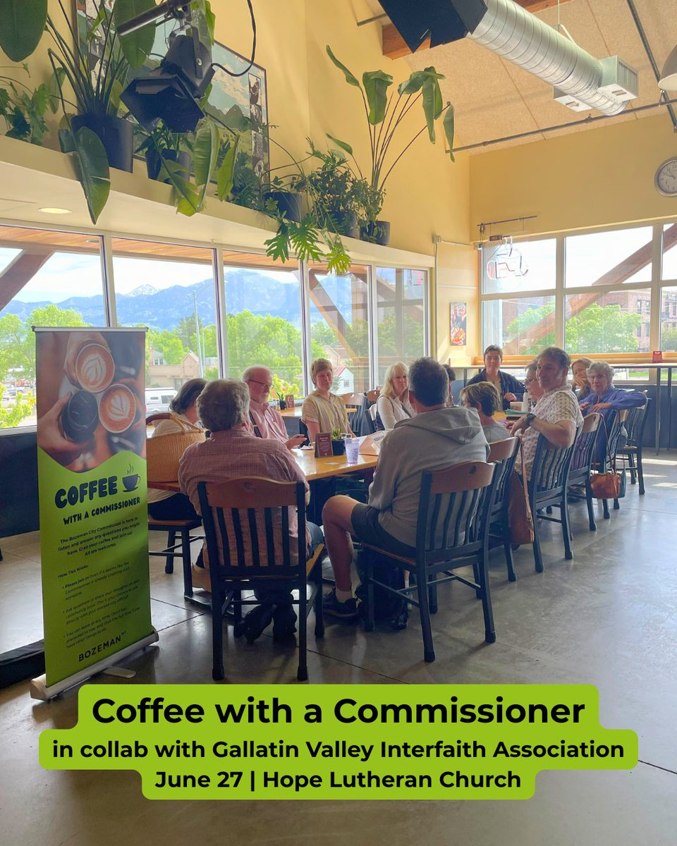 Join us for June’s Coffee with a Commissioner, in collab with Gallatin Valley Interfaith Association! Drop by anytime from 9-11 AM on June 27 at Hope Lutheran Church. Enjoy on-site coffee and conversation with a City Commissioner. Open to all, regardless of faith or background.