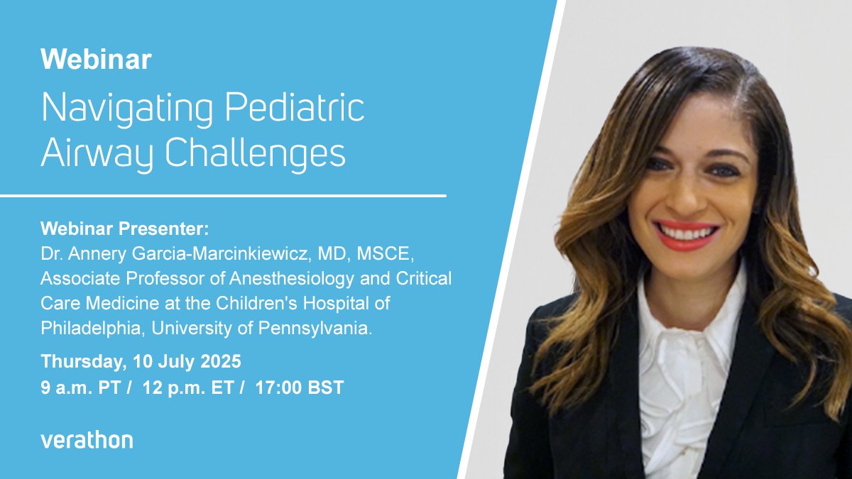 Dr. Annery Garcia-Marcinkiewicz leads this must-attend webinar:​ Navigating Pediatric Airway Challenges​ on July 10. Pediatric risk factors, case-based strategies, VL/bronchoscopy​, and live Q&amp;A​. 
Register now: ow.ly/J1GK50W9c3O 
#PediatricAnesthesia #Verathon