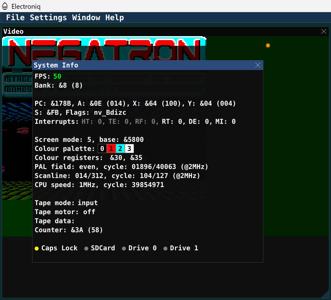 0xC0DE6502's tweet image. Electroniq WIP. I'm a sucker for *detailed* information while debugging my Acorn Electron 6502 asm code. Visual indication of the electron beam? Check. Current PAL field, scanline and exact 2MHz cycle within that scanline? Say no more, I got you covered... and then some! 🤣