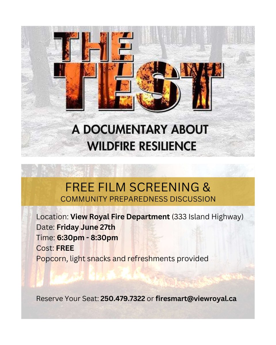 View Royal Fire Rescue (@vrfd) on Twitter photo Join us for a screening of the film “The Test” on Fri Jun 27 from 6:30 – 8:30pm at the View Royal Fire Department. Popcorn, light snacks and refreshments provided.
RSVP: 250.479.7322 or firesmart@viewroyal.ca
Note: Parking limited. Consider walking, transit, biking or carpool. Join us for a screening of the film “The Test” on Fri Jun 27 from 6:30 – 8:30pm at the View Royal Fire Department. Popcorn, light snacks and refreshments provided.
RSVP: 250.479.7322 or firesmart@viewroyal.ca
Note: Parking limited. Consider walking, transit, biking or carpool.