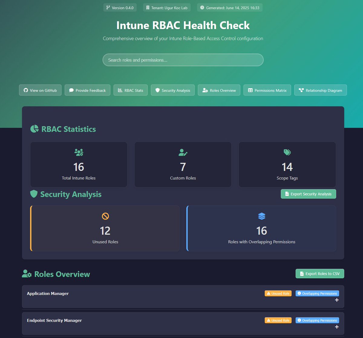 Ugur Koc (@ugurkocde) on Twitter photo Hope everyone’s enjoying the weather lately. Before I head off to <a href="/WPNinjasUK/">Workplace Ninjas UK in Edinburgh</a> tomorrow, I wanted to share a quick update.
I just released a much-needed update to the IntuneRBAC Health Check Tool.
Version 0.4 focuses on performance, usability, and making the output more Hope everyone’s enjoying the weather lately. Before I head off to <a href="/WPNinjasUK/">Workplace Ninjas UK in Edinburgh</a> tomorrow, I wanted to share a quick update.
I just released a much-needed update to the IntuneRBAC Health Check Tool.
Version 0.4 focuses on performance, usability, and making the output more
