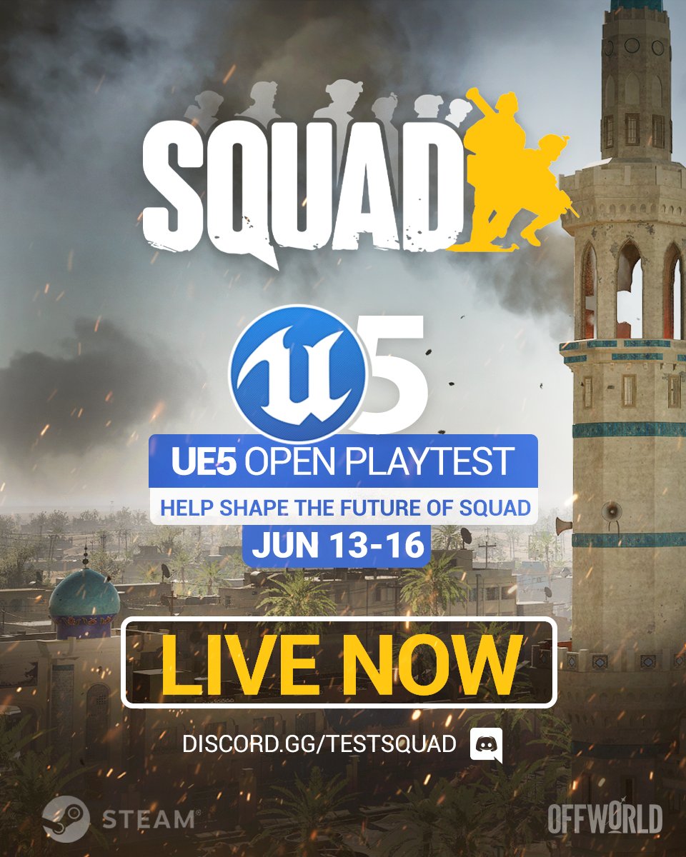 🚨 WE'RE LIVE! 🚨

Our 5th UE5 Open Playtest just dropped on #Steam!

▶️ Steam &gt; View &gt; Hidden Games &gt; Squad Public Playtesting 

🎮 Need a server? Got questions? Jump into our Playtest Discord! discord.gg/testsquad

#joinsquad #playtest